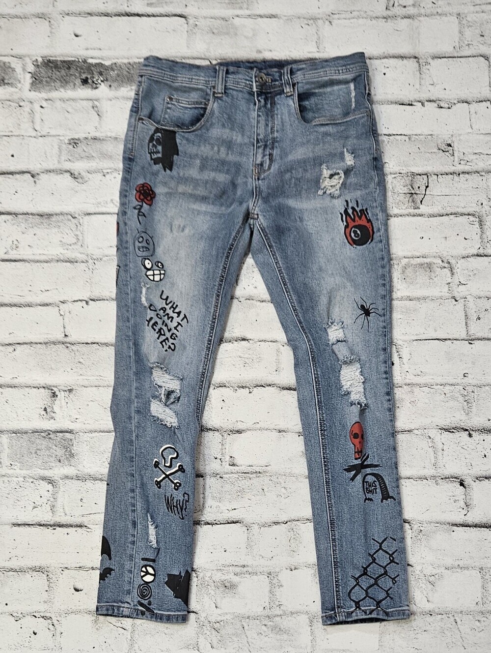 Lure Graphic Distressed Skinny Jeans Goth Punk Streetwear Mens 32